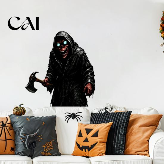 Spooky Demon Wall Stickers Halloween Reaper Sticker, Scary Black Robed with Ax Decal, Waterproof PVC Window Decals Art Decor for Home