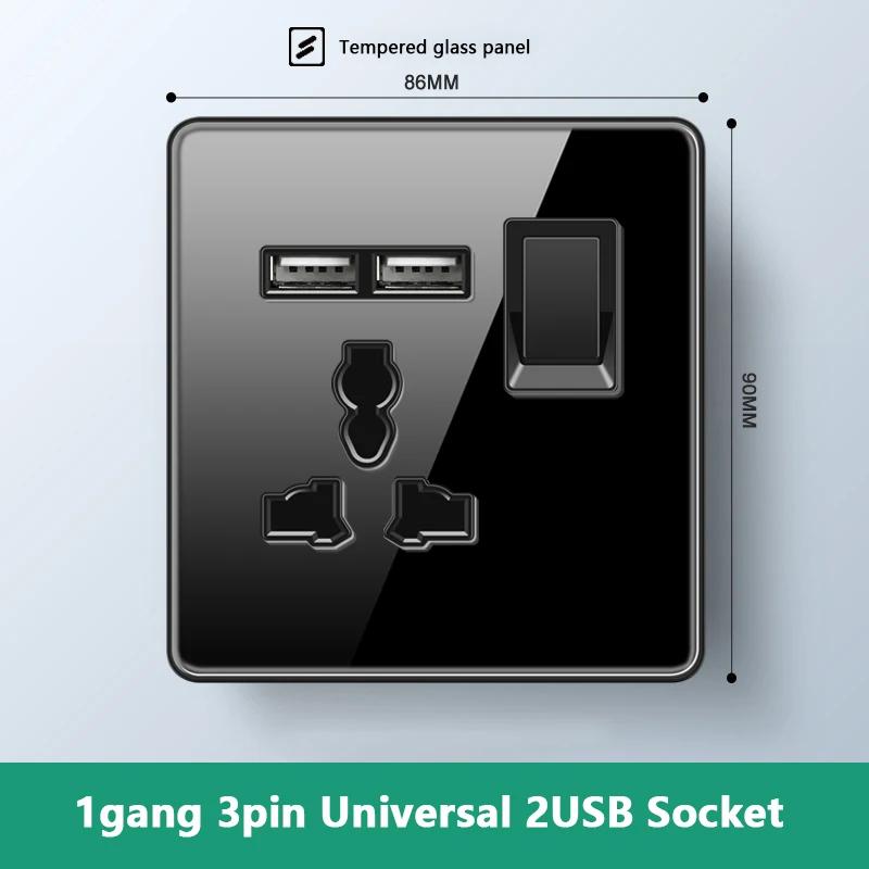 Роскошный настенный выключатель света из закаленного стекла, черная вилка UK 13A, универсальная настенная розетка с USB, 220 В, 1-канальный двухпозиционный переключатель скорости