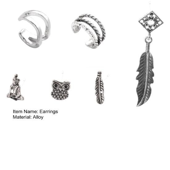 6 шт. женские серьги набор разных форм бохо ажурные сова лист серьги манжеты ретро стиль пирсинг серьги гвоздики хрящ ушной клипса