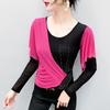 Spring Autumn Women's Mesh Patchwork T-Shirt Elegant Full Sleeve Tees Slim Ladies Tops With Rhinestone