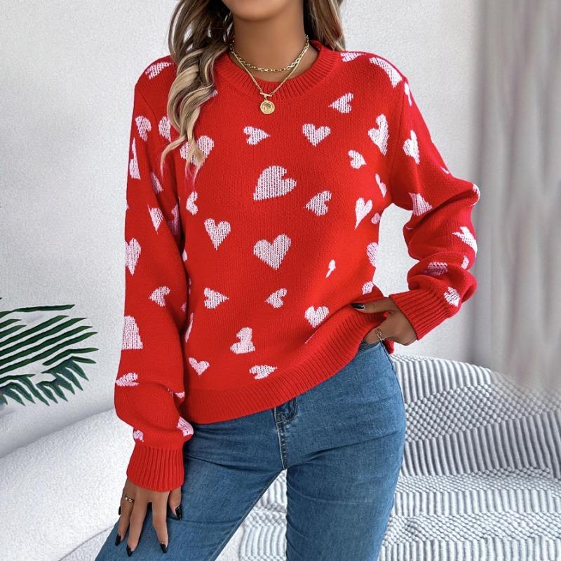 Women's Autumn and Winter Casual Round Neck Long Sleeve Knitted Sweater Clashing Color Love Lantern Sleeves