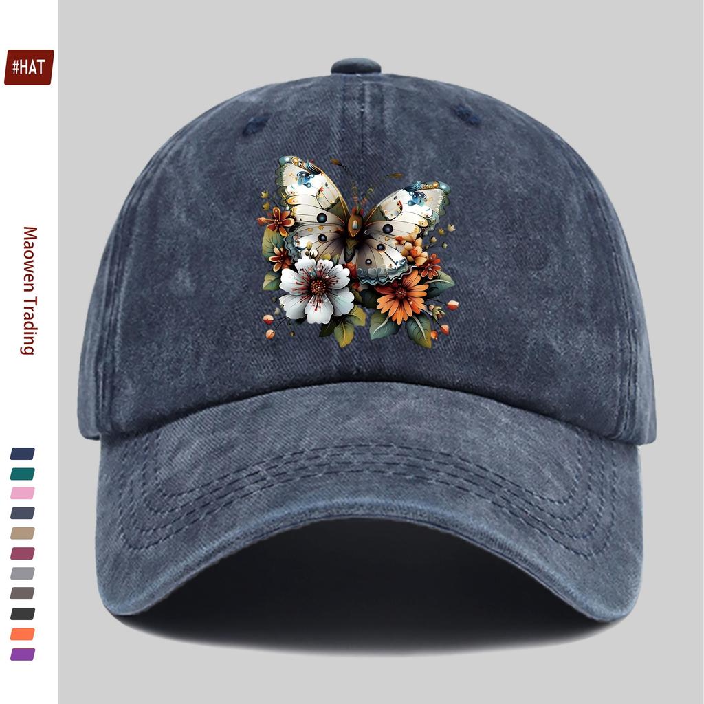 pc Butterfly and Flower Print Baseball Cap Home Casual Decorative Hat Colorful Floral Print Papa Hat with Adjustable Strap M
