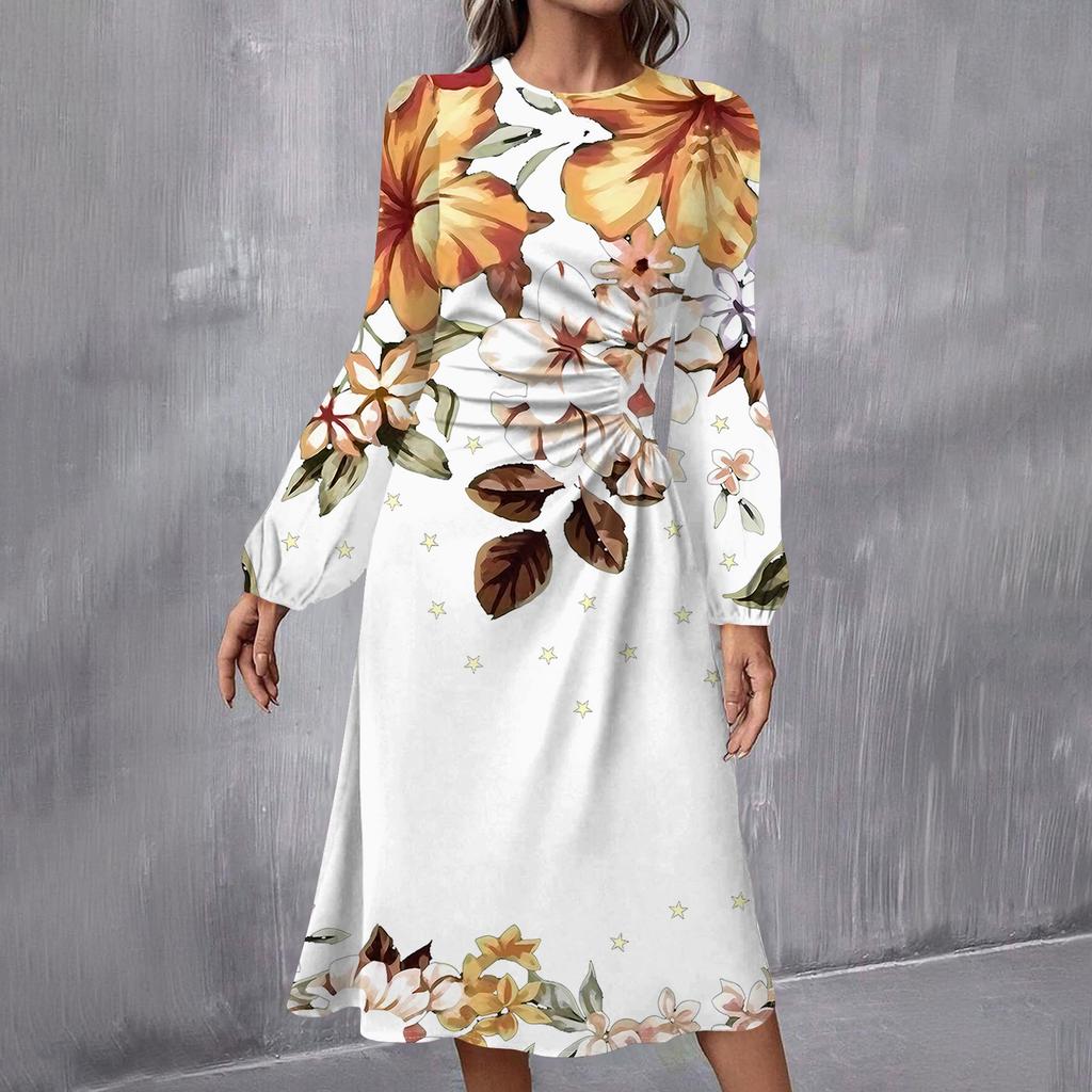 Women's Fashion Casual Print Round Neck Long Sleeve Midi Dress