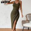 Весна-лето Женское поясное платье с разрезом на бедрах Сексуальное платье-халтер