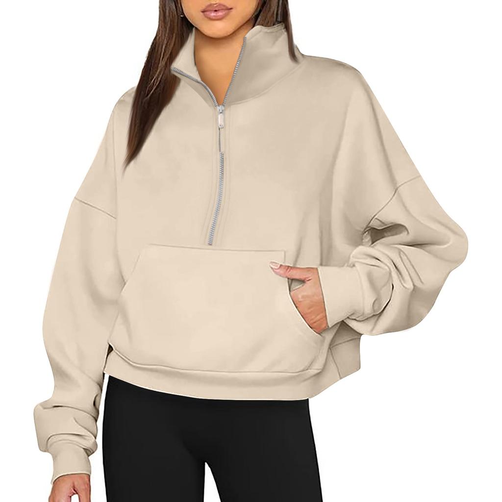 Пуловер на полумолнии, женские толстовки с капюшоном на четверти молнии, осенне-зимняя одежда, одежда с карманами, свободные кофты