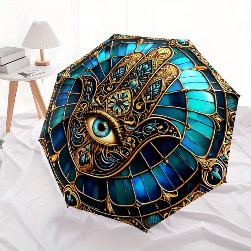1pc StainedGlass Mandala Automatic Open/close Folding Compact Umbrella, 8-Rib Sturdy Canopy, Lightweight Portable, Everyday Use, Gift,124