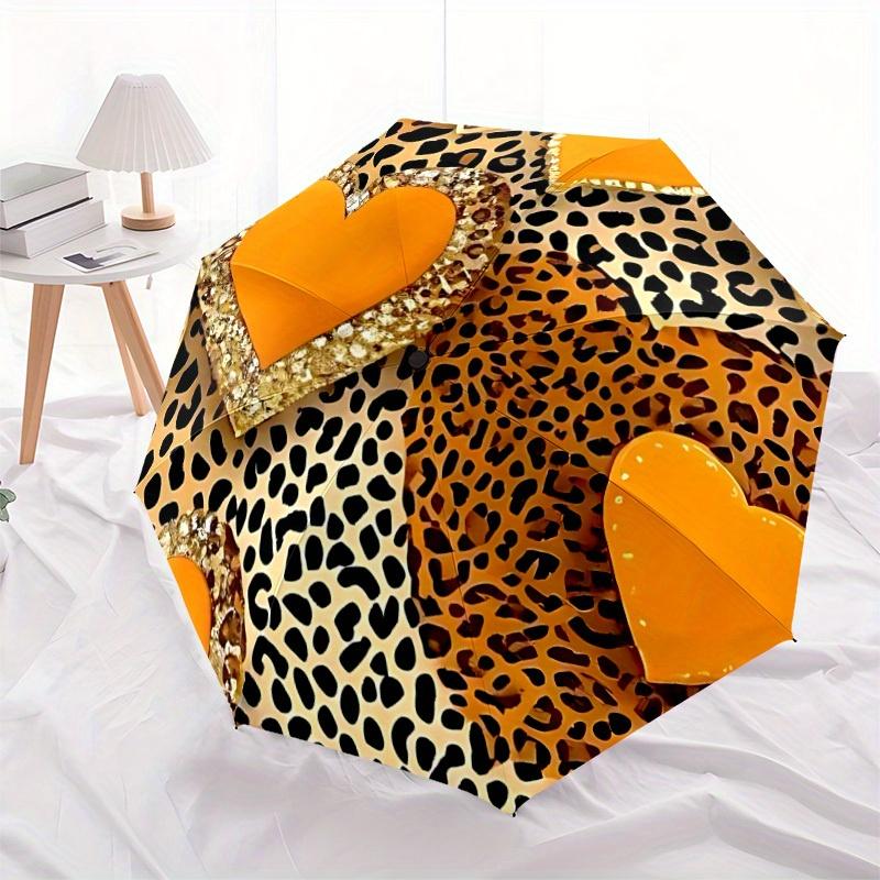 1pc Leopard Print Heart Umbrella - 8-Rib Automatic Open/Close, Fashionable Compact Umbrella for Outdoor Adventures yy250813155