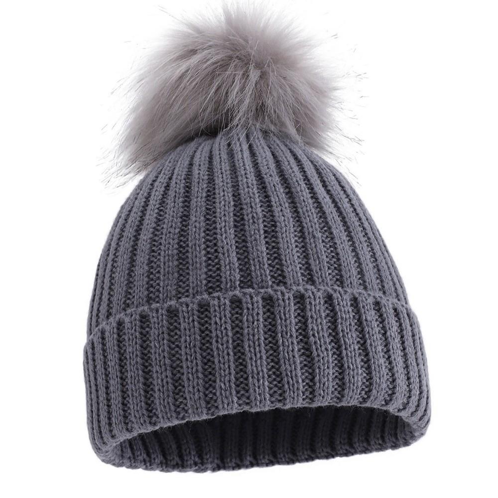 Solid Color Ribbed Knit Beanie Ribbed Knit Faux Fur Winter Beanie Hat Thick Warm Single Pom Pom Faux Fur Pom Beanie Cold Weather