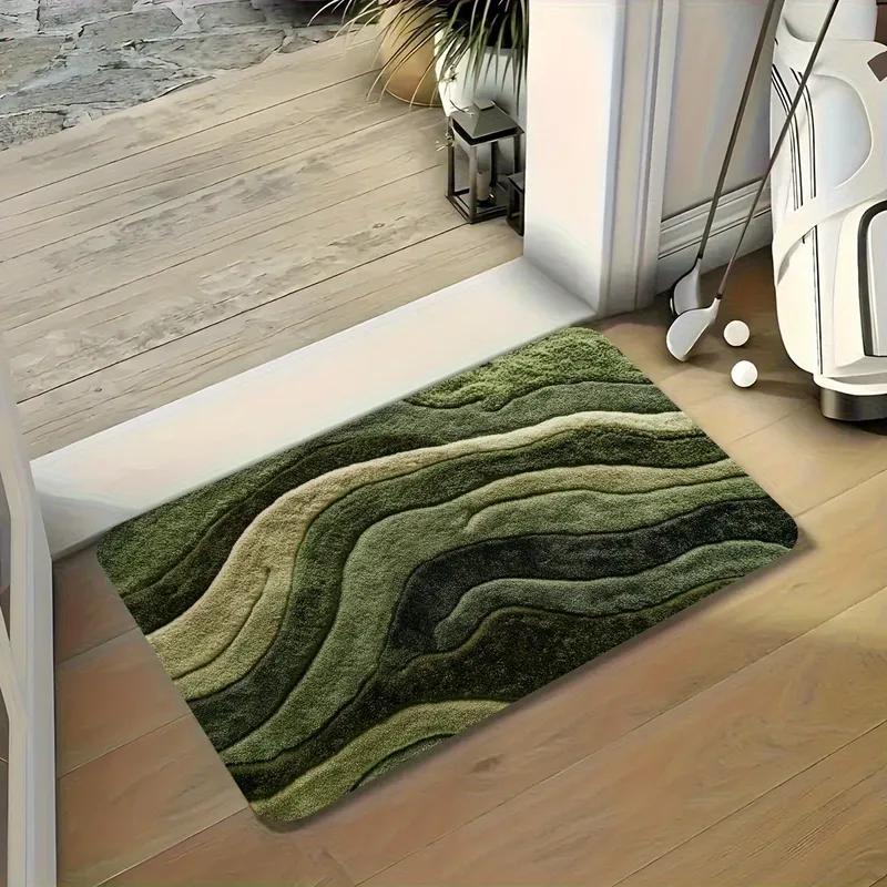Wave Green Textured Carpet Vibrant Pattern,Machine Washable Absorbent Mat for Bathroom Living Room Bedroom Outdoor, Home Decor