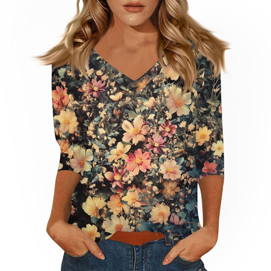 Women's Tops Three-quarter Sleeve Shirt V-neck Loose Casual Shirt Print T-shirt