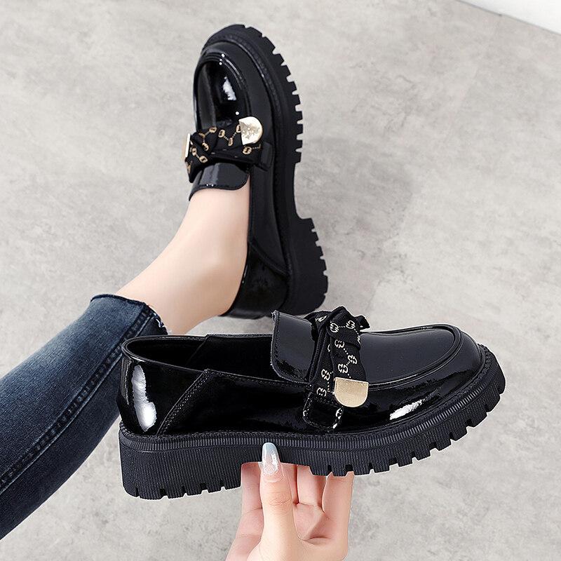 Женские лоферы на платформе, массивные женские летние повседневные черные кожаные туфли