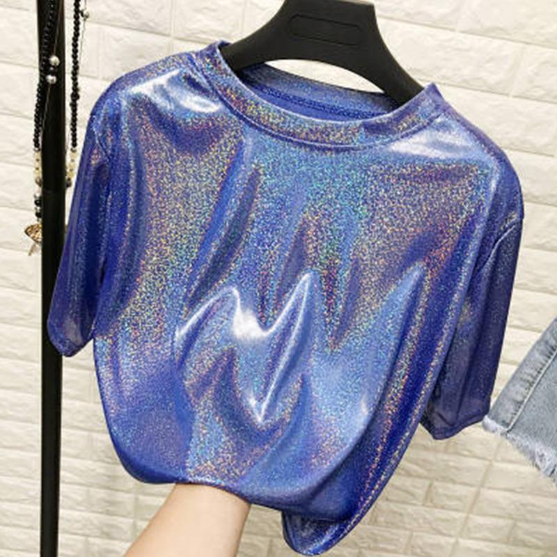 New Summer Retro Style Stylish Bright Silk Woman Tops Shiny Loose Short Sleeve T-shirt Sexy Club Aesthetic Harajuku Women Tshirt