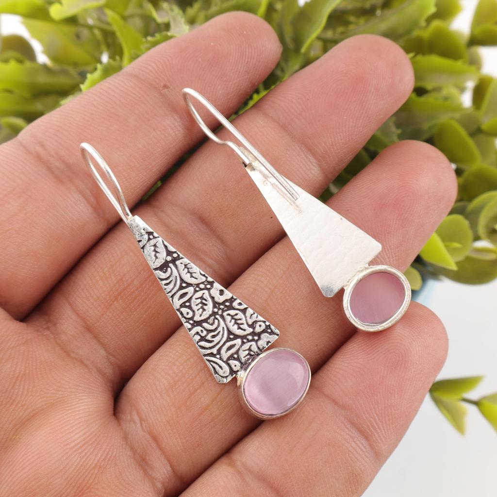 Розовый кошачий глаз драгоценный камень ювелирные изделия серьги, ручной работы серебряные серьги, 925 стерлинговое серебро ювелирные изделия, дизайнерские серебряные серьги для свадебного подарка