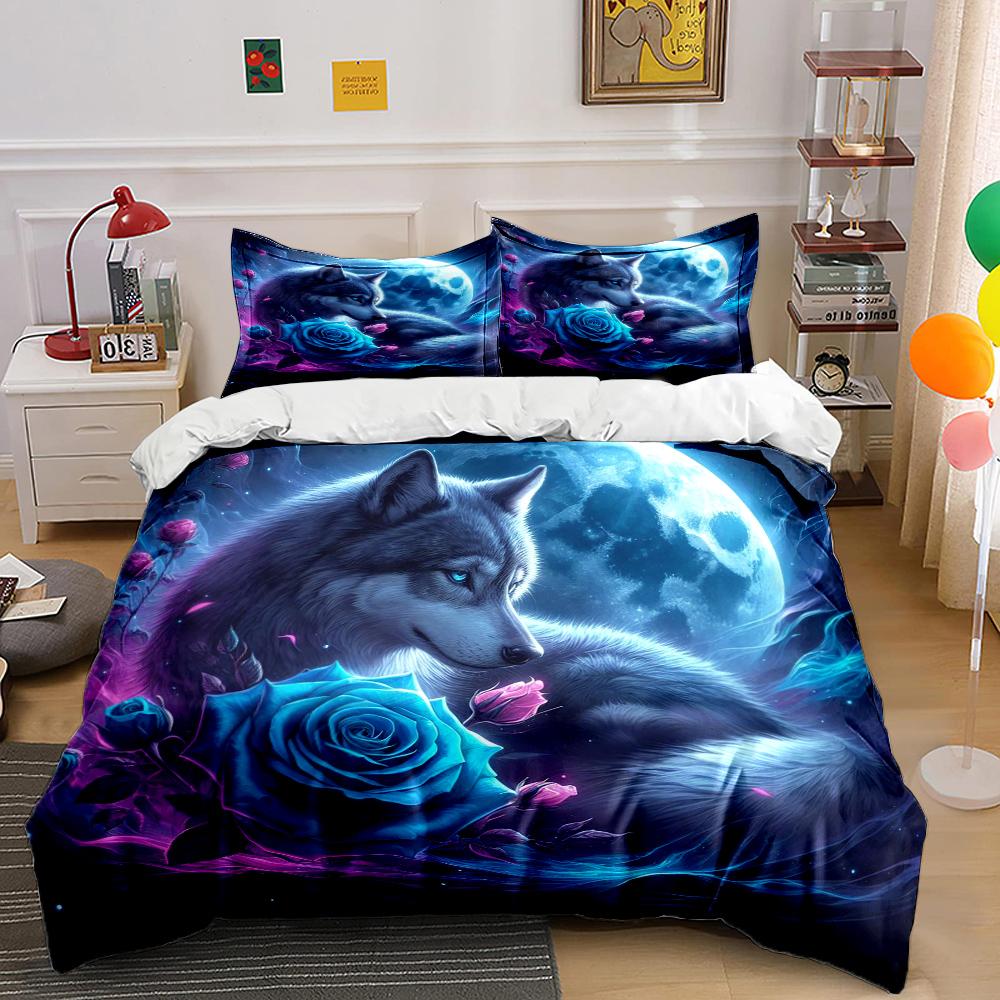 Wolf and Rose Print Bedding Set Sports Enthusiast Duvet Cover 1 Duvet Cover 2 Pillowcases Adult and Children Bedding Set Luxury