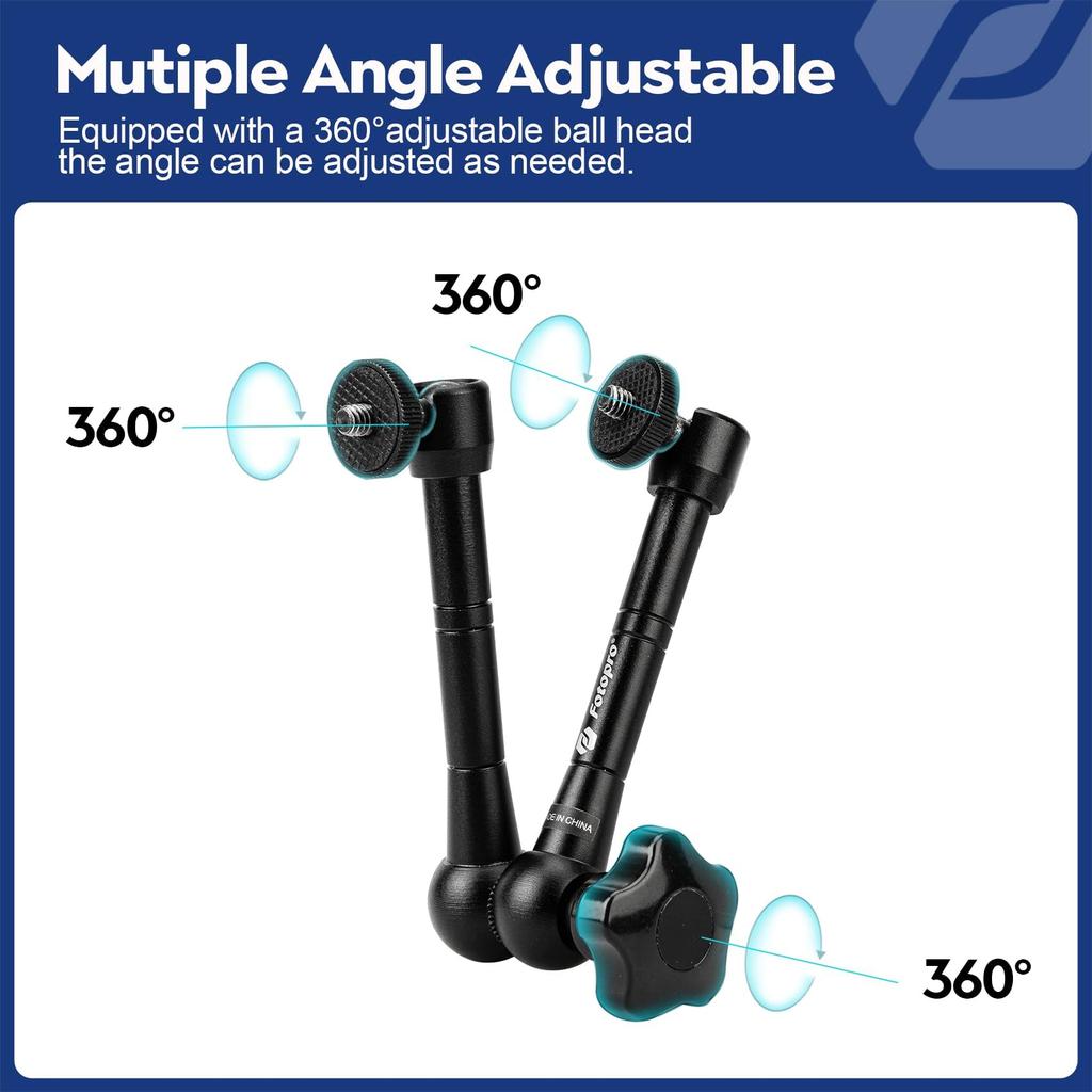 Fotopro 11 Inch Magic Arm with Inch Threaded Screws On Both Ends Adjustable Articulated Magic Arm Super Clamp for LED Monitor and Microphone 1/4