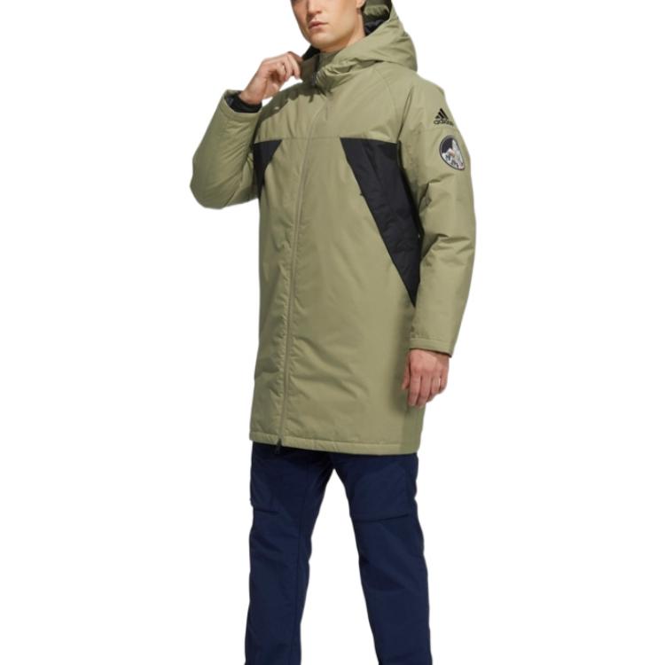 Adidas Patchwork Hooded Mid-Length Zip Down Jacket Men Outerwear Olive-Green HA1173