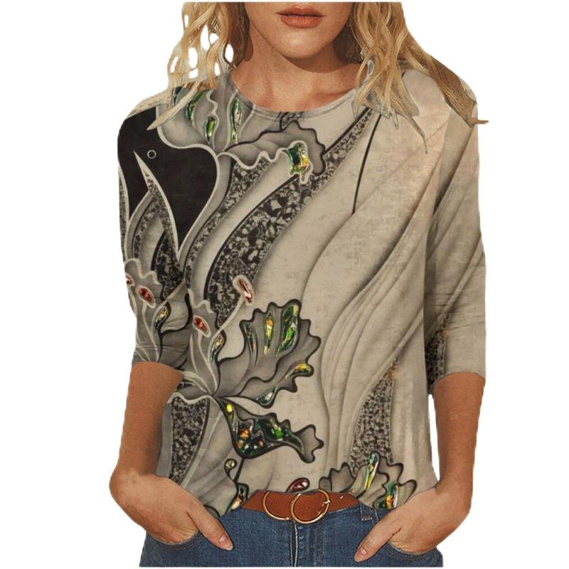 Женская футболка с 3D-принтом, винтажным цветочным принтом, повседневная, с длинным рукавом, круглым вырезом, обычный топ, с повседневным принтом, розовая, весна и осень