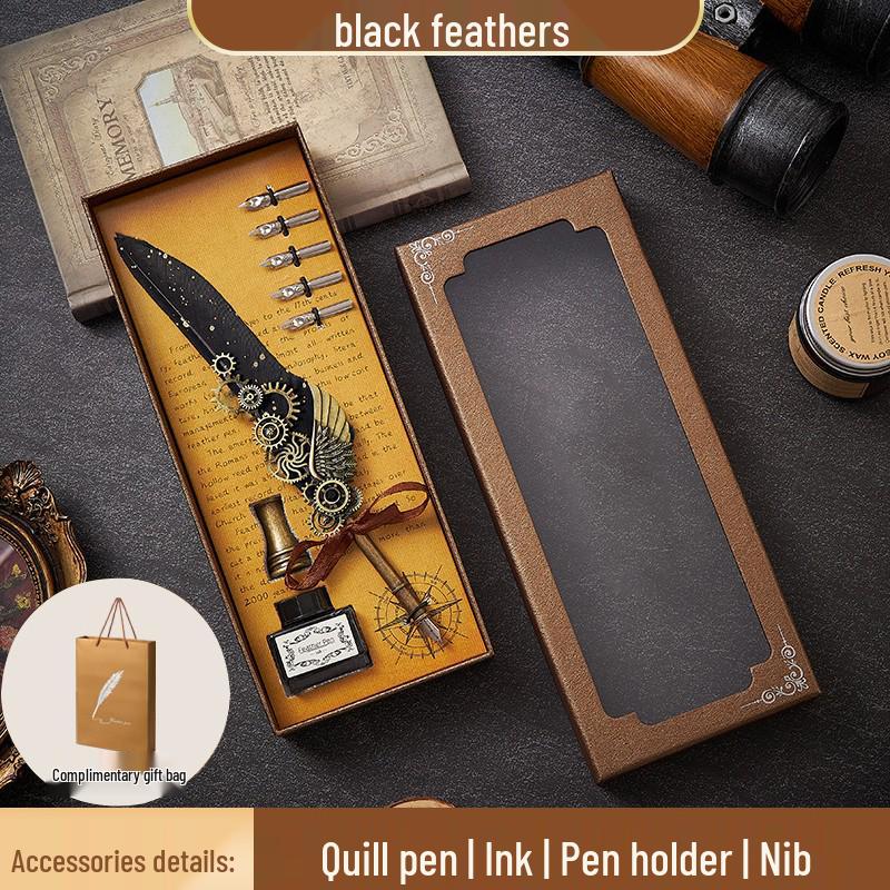 European Steampunk Quill and Ink Set with Wax Seal - Retro Fountain Pen Gift Box for Birthdays