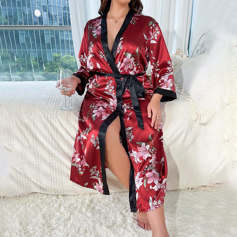 Plus Size Nightgown Fashion Casual Loose Printed Long Simulation Silk Sexy Sleeping Robe