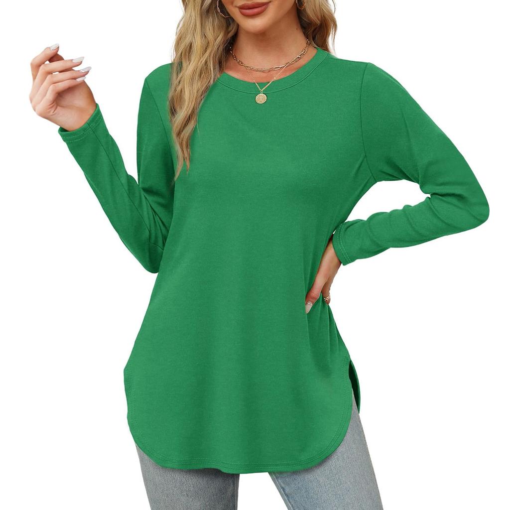 Womens Long Sleeve Round Neck Shirts Side Split Basic Loose Tunic Tops Casual Shirts