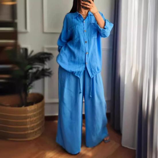 Женский комплект из хлопка и льна, 2 предмета, повседневная блузка с длинным рукавом на пуговицах и брюки с широкими штанинами, с кулиской по низу, для отдыха