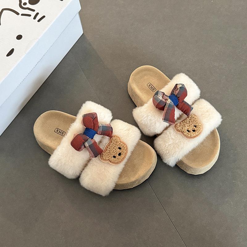 Cartoon Bear Cute Bedroom Ins Wind 2025 Autumn and Winter Bow Warm Cotton Slippers Women's Fluffy Slippers