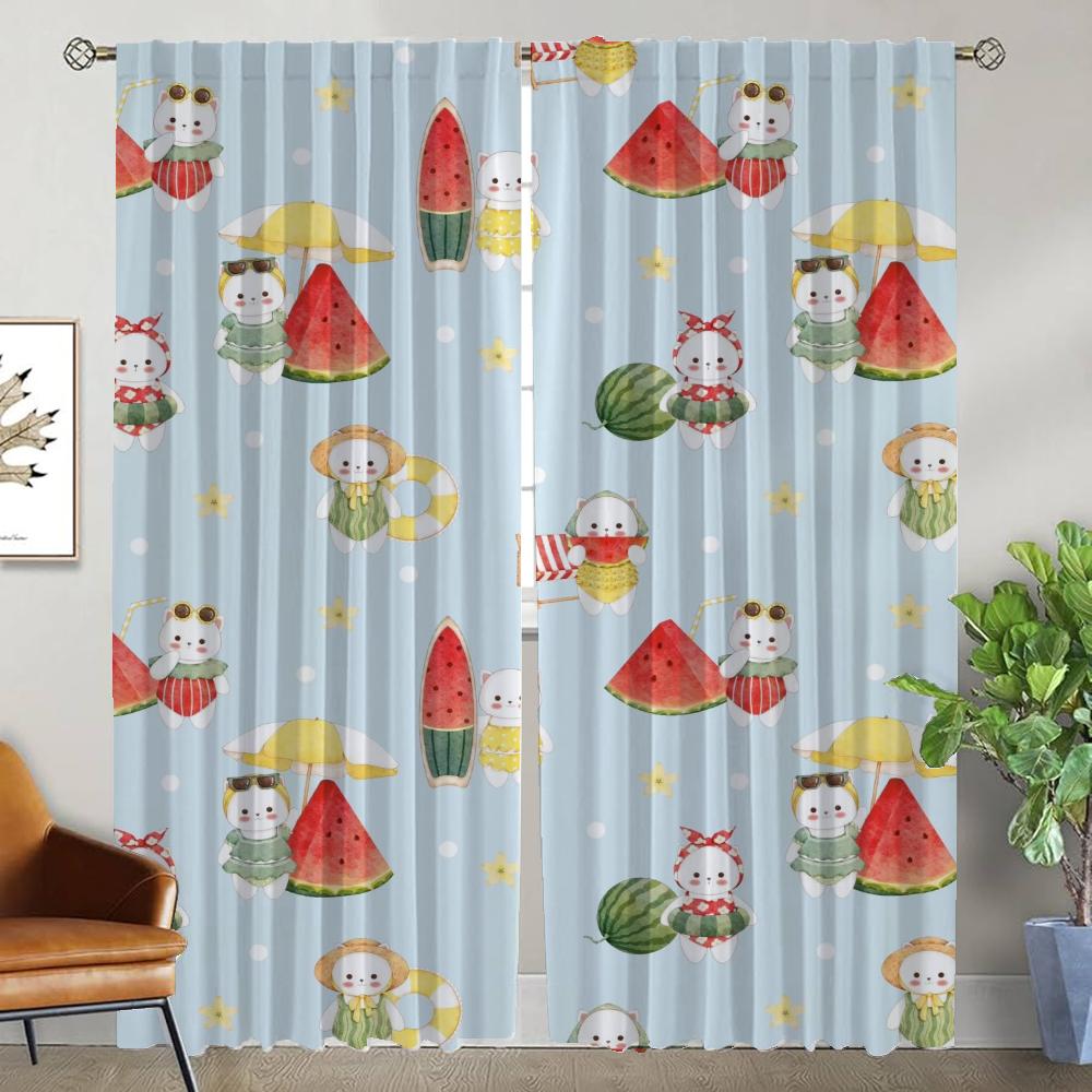 Watermelon Kitty Blackout Curtains for Living Room Partition Shades Home Interior Curtains 2 Pieces Window Curtain Kitchen Child