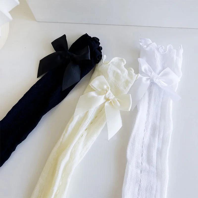 Children Girls Cute Style Bow Long Fishnet Calf Socks Thin Breathable Bowknot In Tube Socks Summer Hollow Out Lace Sock