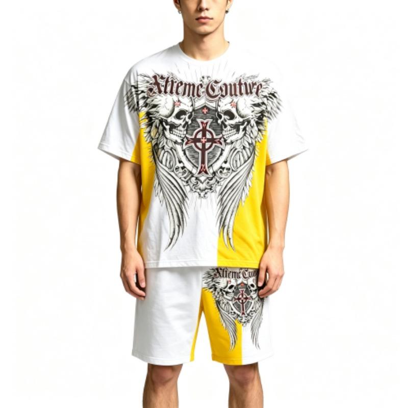 Summer Fashion Casual Retro Skull Angel Wing Printed Round Neck Short Sleeved T-Shirt And Shorts Set Men's and Women's T-shirt Shorts Set