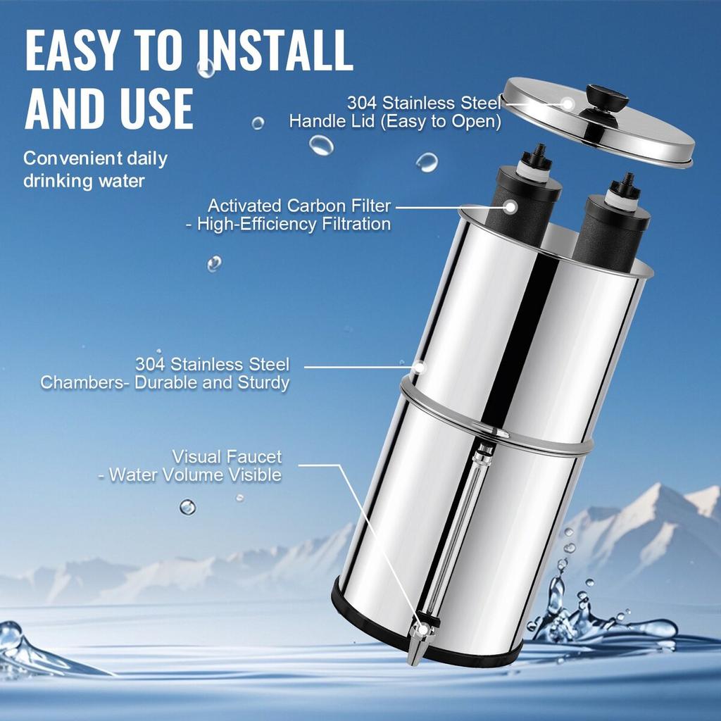 Gravity-fed Water Filter System, 2.25G 304 Stainless-Steel Countertop System, Water Filtration System, Reduces Lead and up to 99% of Chlorine, with 2