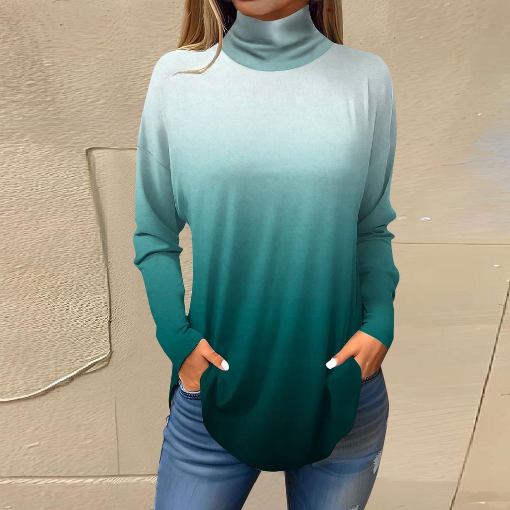 Футболки для женщин, осенние повседневные рубашки с длинными рукавами, толстовка с винтажным принтом, топ с высоким воротом, пуловер