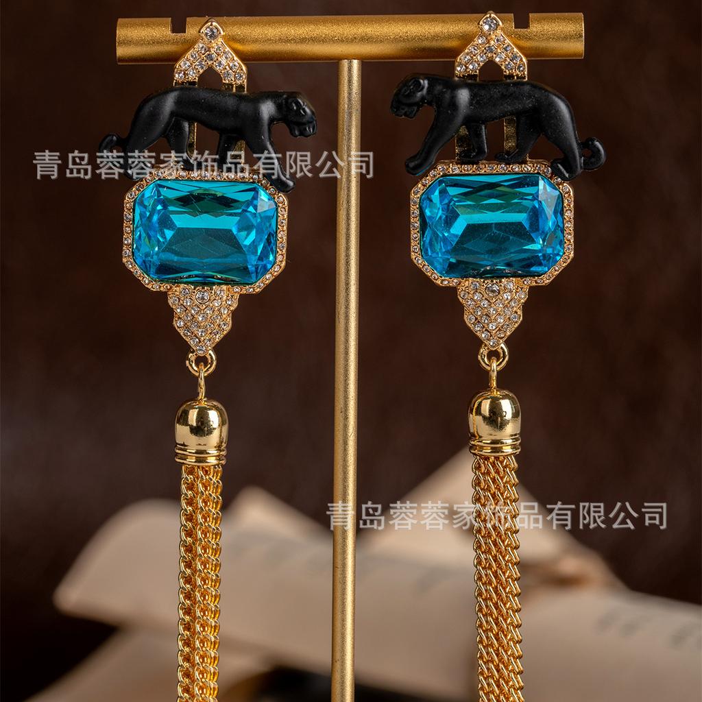 25 New High-end Tassel Earrings With Feel Light Luxury Exaggerated Gemstone Cheetah Long Vintage