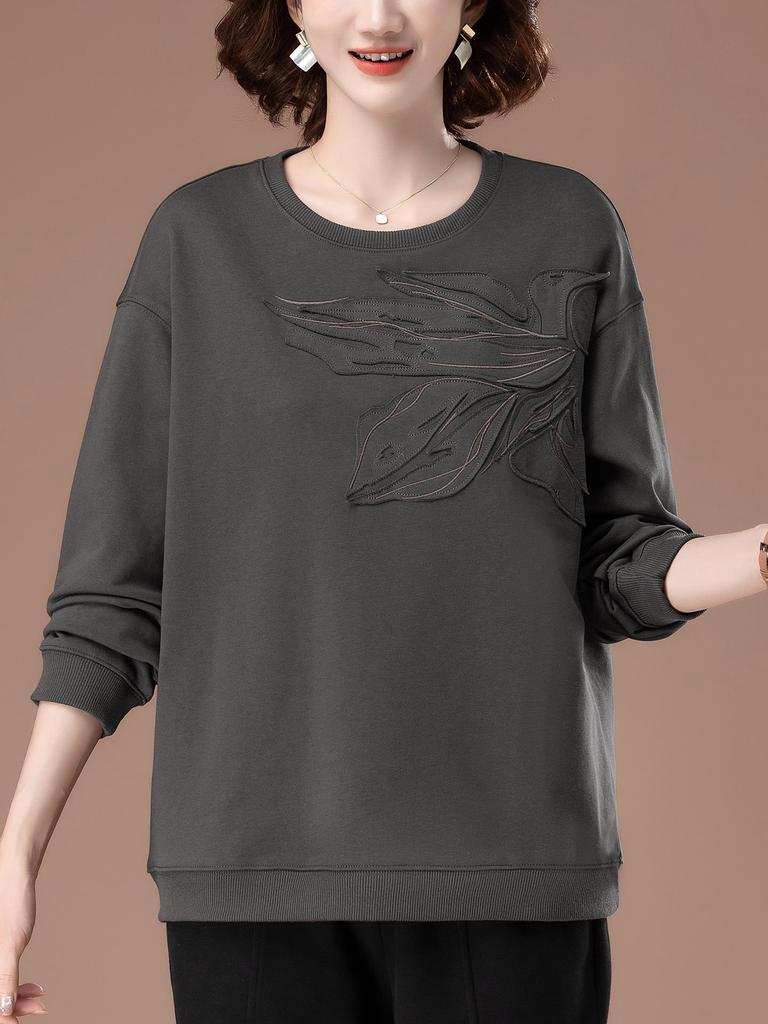 Plus Size Casual Sweatshirt for Middle-Aged Women - Early Autumn Round Neck Top
