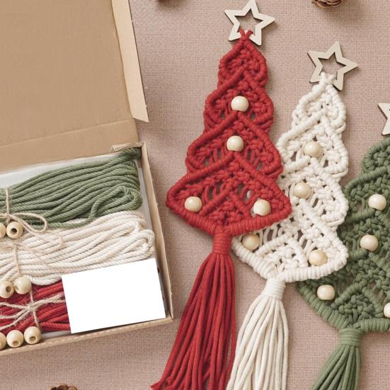 Yousheng Cotton Rope Christmas Hanging Ornament Bohemia Hand Woven Wall Hanging Decoration with Wood Beads for Christmas Home Door