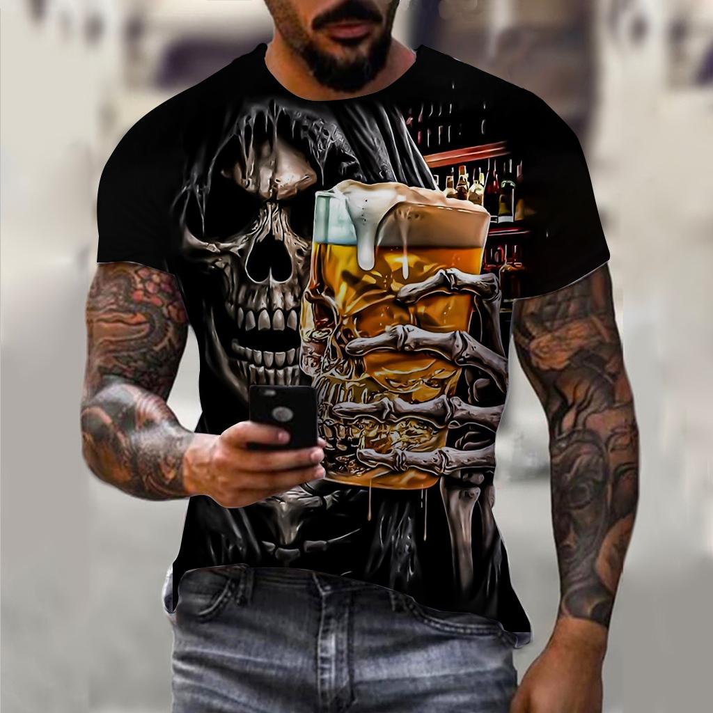 Summer Round Neck 3D Horror Skull Print Top Fashionable Casual Short Sleeved Men's T-shirts