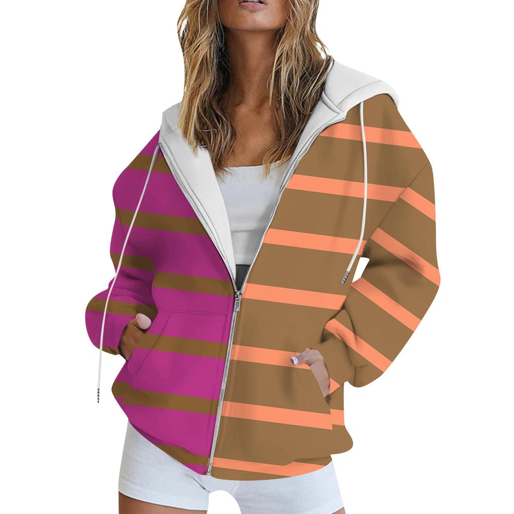 Women's Long Sleeve Print Sweatshirt Long Sleeve Pocket Jacket Zipper Hoodie Coat