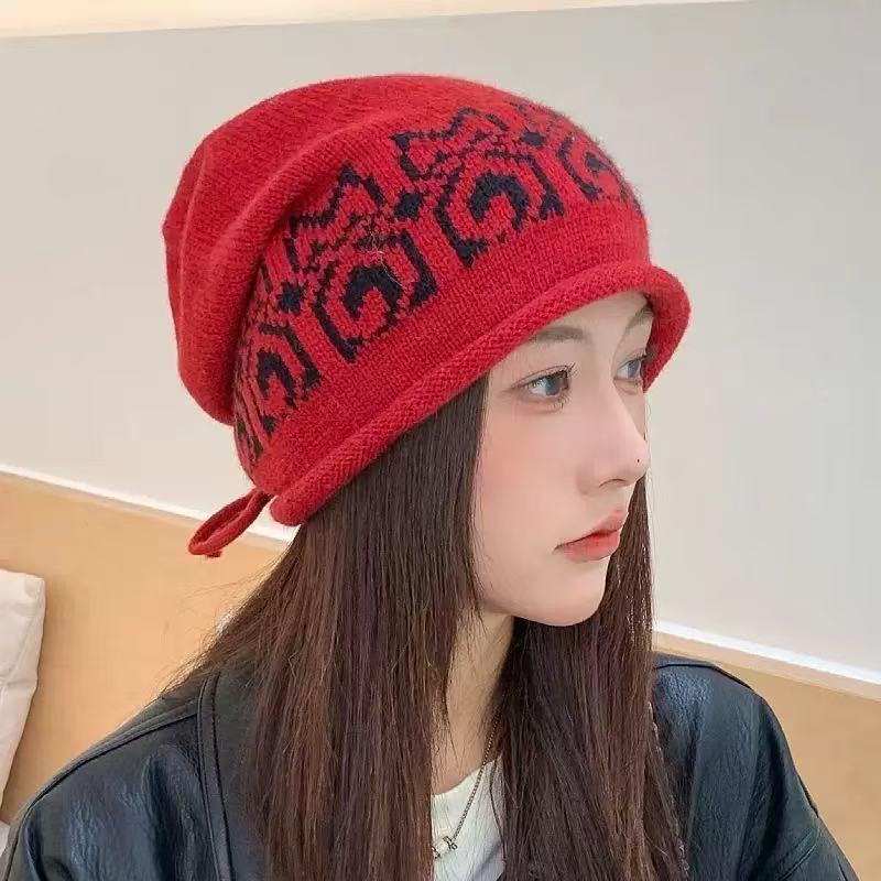 Hat Women's Autumn and Winter Baotou Hat Star Drawstring Stacking Hat Small Wool Hat Warm and Cold Knitted Curling