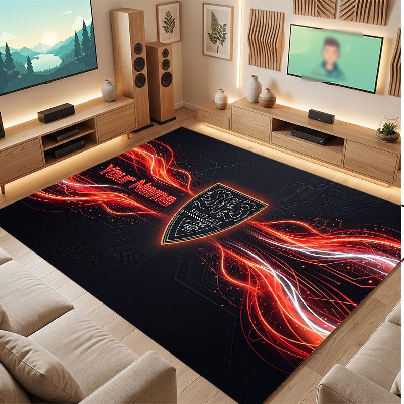VfB Stuttgart FC Custom Crystal Velvet Rug, Personalized Name Text Print, Football Logo Soft Non‑Slip Floor Mat Home Decor Gift