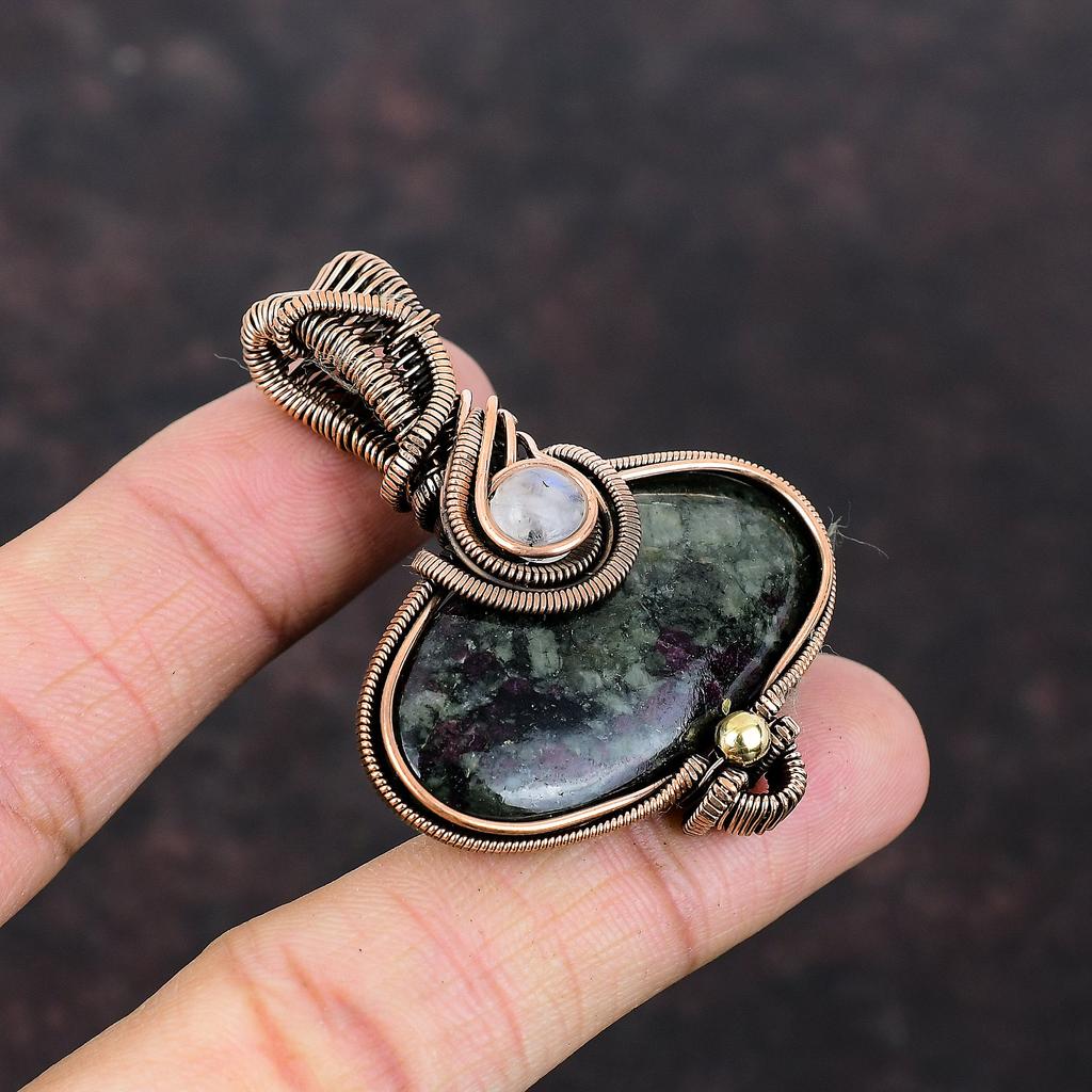 Подвеска из эвдиалитовой меди, ювелирное изделие из медной проволоки, подвеска ручной работы в стиле бохо, радужный лунный камень, ювелирное изделие из драгоценных камней, свадебный подарок, подвеска в виде проволоки
