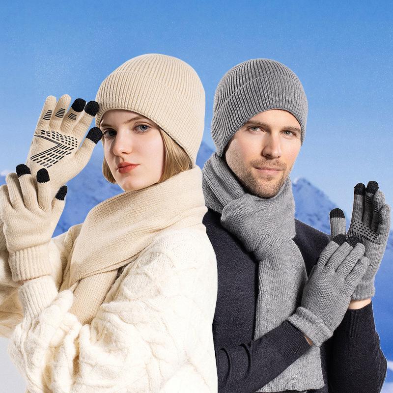 Hat Gloves Scarf Suit Men Winter Warm Knitted Hat Outdoor Riding Ear Protection Wool Hat Women Sleeve Cap Skullies Beanies