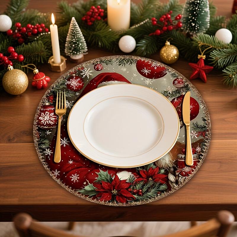 4pcs/6pcs Vintage Christmas Round Placemats, Washable Linen Table Mats Featuring Santa, Reindeer, Red Ornaments, and Poinsettias, Ideal for Kitchen Ta