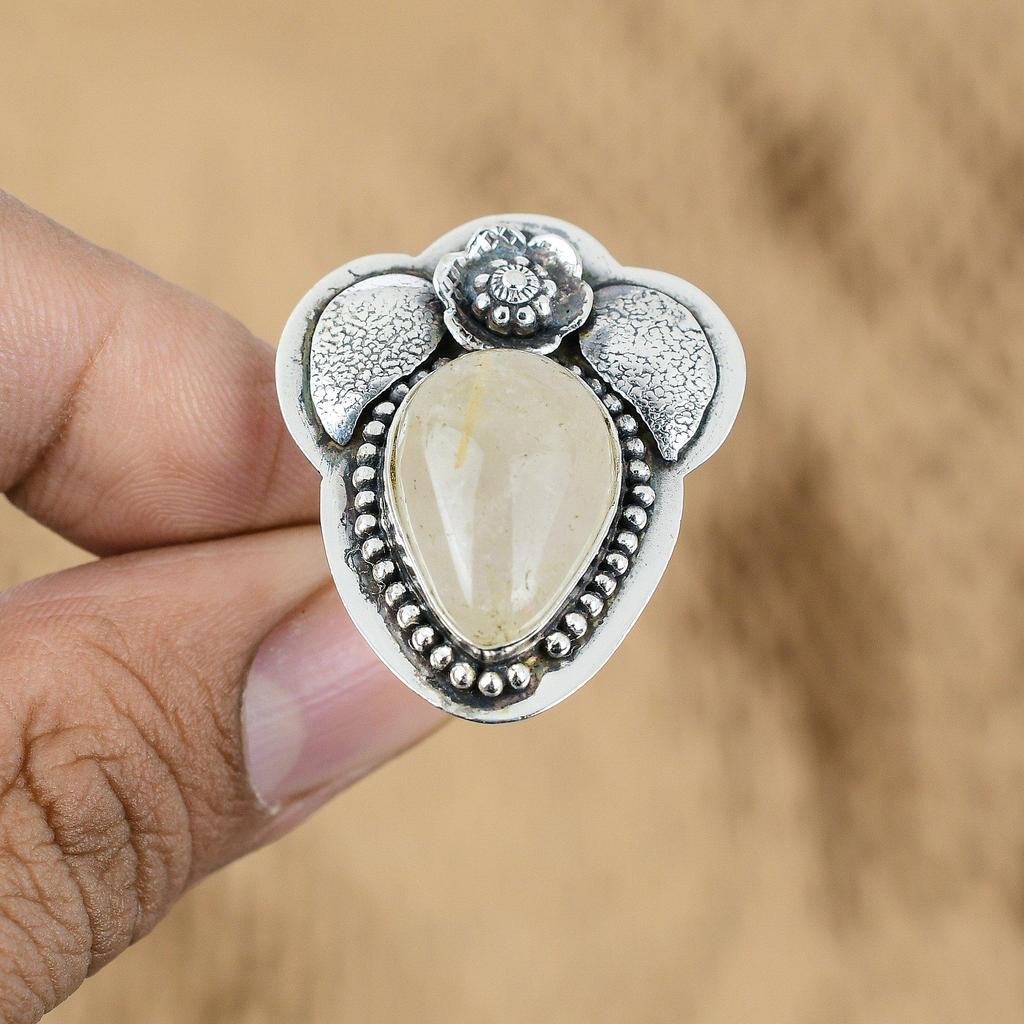 Sterling Silver Natural Golden Rutile Mother Flower New Multi Stone Ring Jewelry
