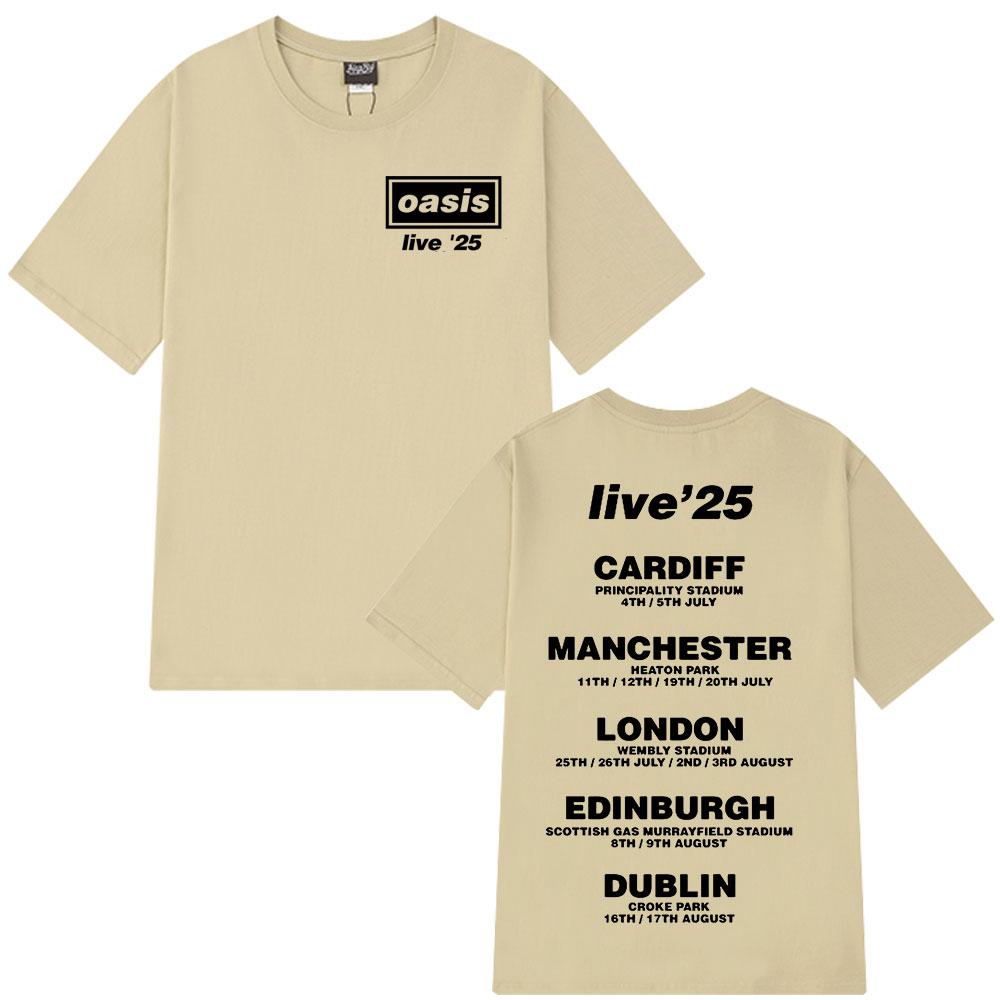 O-Oasis Live 25 Tour Футболки Британская рок-группа Винтажная футболка Мужская одежда Хлопок Повседневные футболки с коротким рукавом Топы Подарок для фанатов