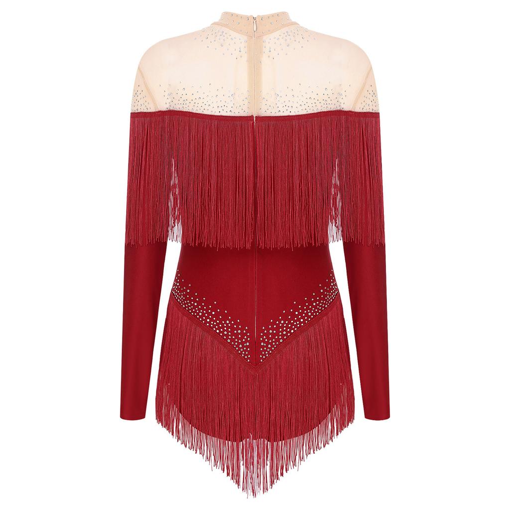 Женский латинский купальник с бахромой, воротником-стойкой, сетчатыми длинными рукавами, блестящими стразами, боди с бахромой