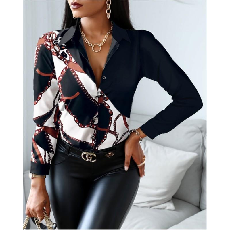 Women's Autumn Long Sleeved V-neck Color Blocked Retro Style Shirt, Loose and Elegant Casual Top