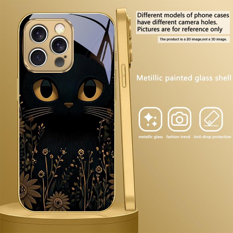 Фантастический черный кот Для IPhone 17Pro Max 16 17 Pro 15 Pro 14 13 Plus 12 Mini 11Pro Max XR 16E 17 Air Золотой стеклянный чехол для телефона