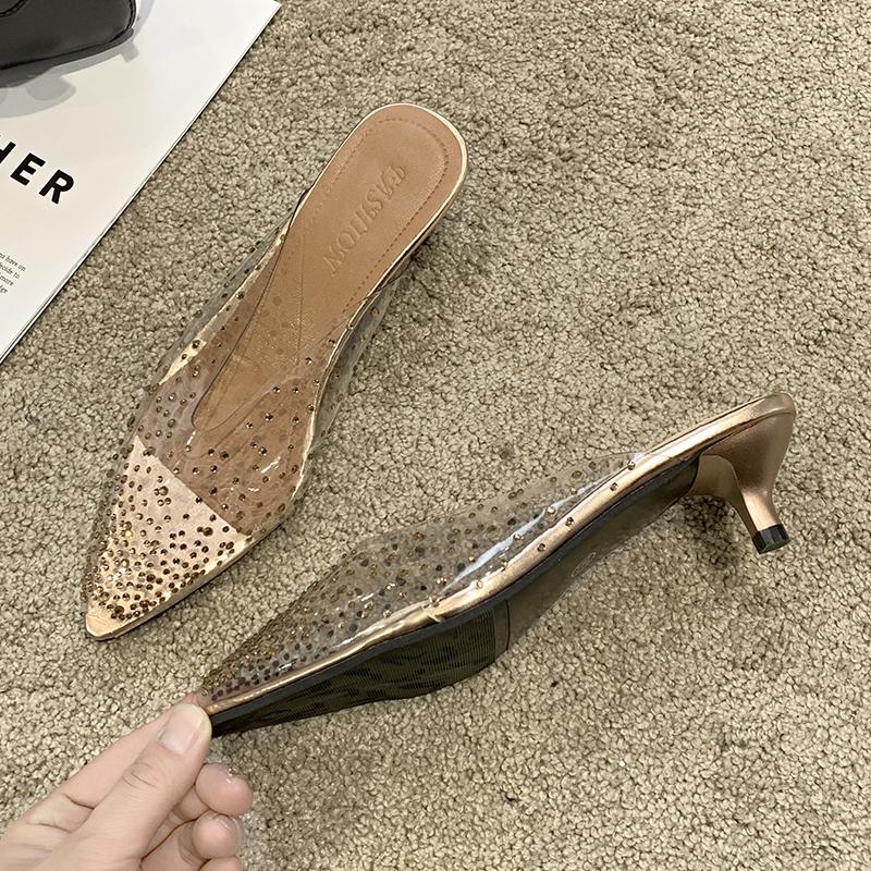 Мода Новые ПВХ Прозрачные Женские Туфли-лодочки Босоножки на среднем каблуке с кристаллами Туфли-лодочки со стразами и острым носком Женские свадебные туфли для подружек невесты Zapatos