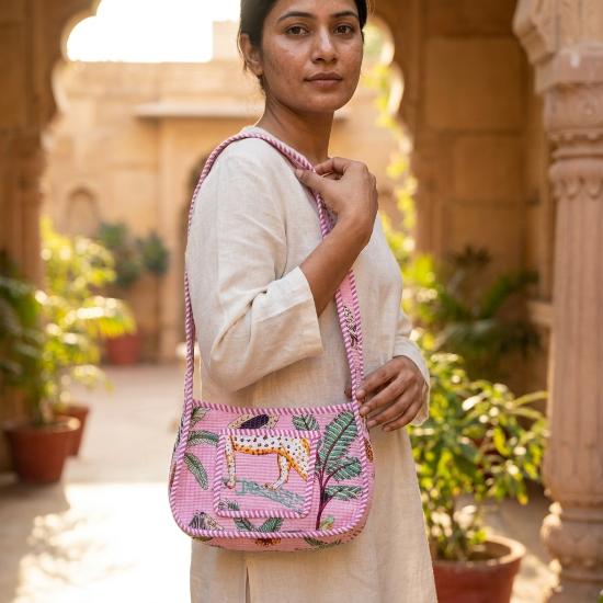 Shoulder Bag usalover925 Pink Quilted Cotton Floral Print Shoulder Bag 02