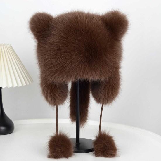 Женская зимняя шапка с толстым искусственным мехом, украшением в виде ушей и хвоста в виде мультяшного енота, однотонная, ветрозащитная шапка Lei Feng для катания на лыжах, сноуборде, пешего туризма