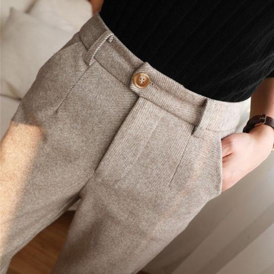 Women Suit Pants Herringbone Print High Waist Thick Warm Slim Fit Straight Soft Pockets OL Commute Formal Long Trousers Lady